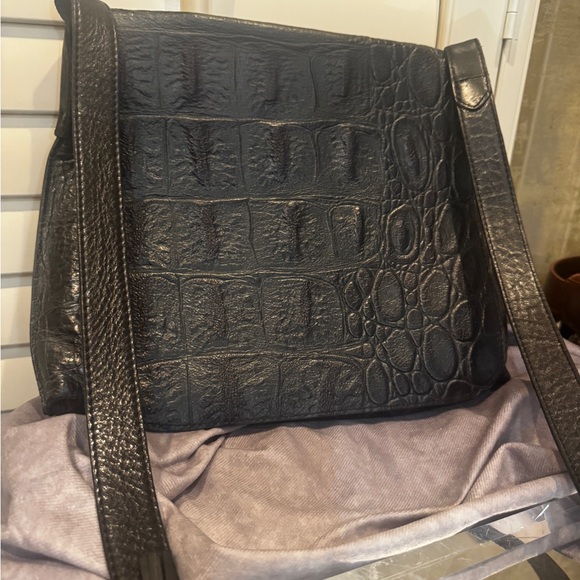 B.May Black Crocodile Embossed Crossbody  Shoulder Bag Fringe - Picture 1 of 5